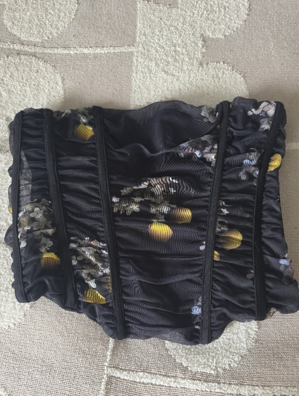 AllSaints Black Floral Ruched Mini Skirt with Yellow Detail